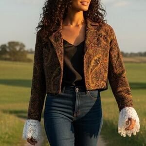 Upcycled Tesori Brocade Blazer Hand Cropped and lace cuffs size med